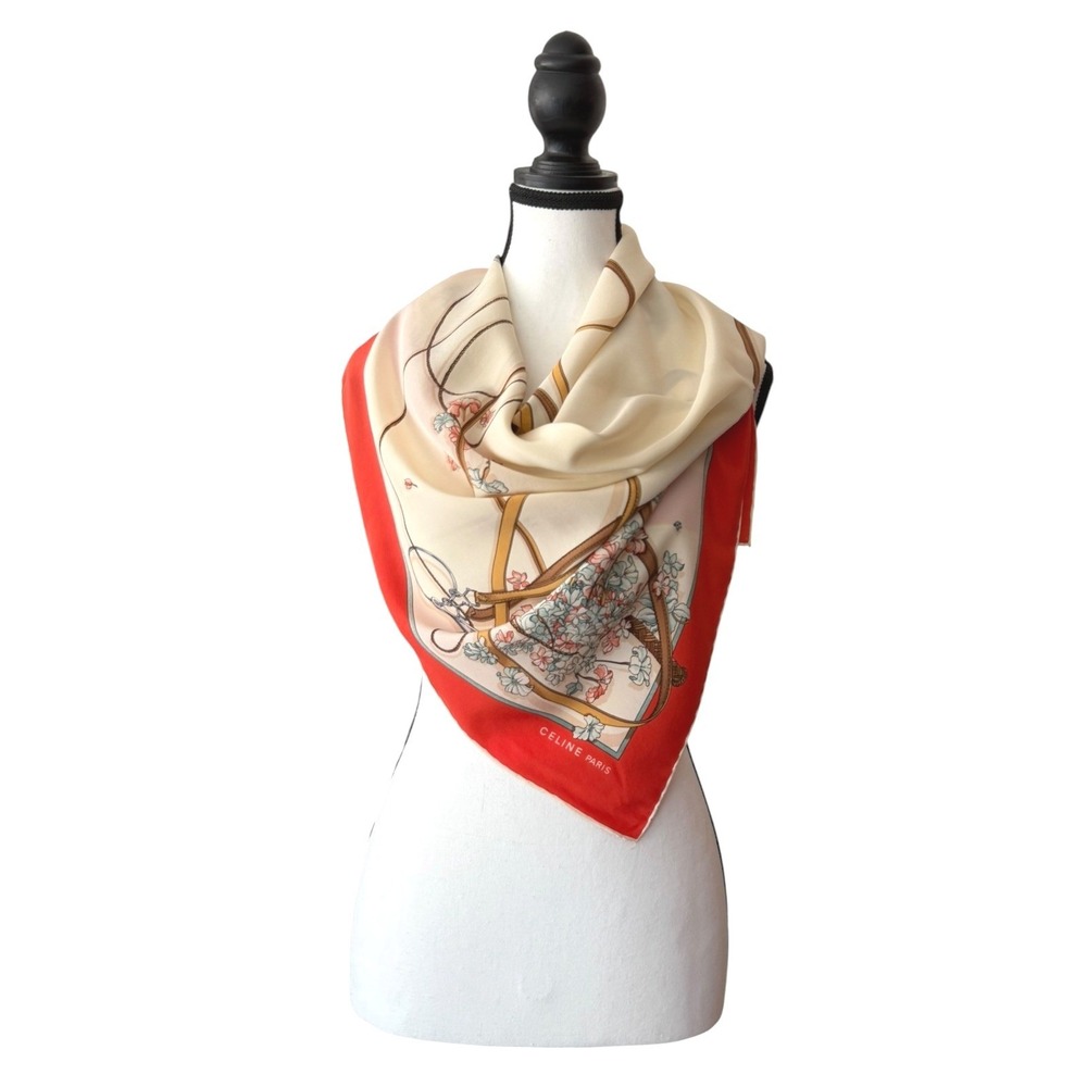 Celine Paris Silk Scarf Red Equestrian Floral Horseshoe 33" Italy